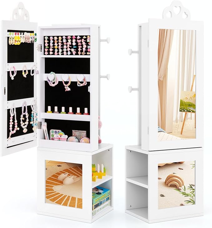 HONEY JOY Kids Jewelry Armoire Cabinet, Wooden Standing Jewelry Organizer w/Full-length Mirror and Garment Rack, 2 Tier Storage Shelves, Children Dress Up Jewelry Cabinet for Little Girls (White)