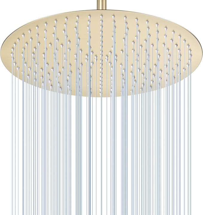 16 inch Brushed Gold Round Rain Shower Head, All Metal Stainless Steel 304, Ultra Thin Design, Full Body Rainfall Shower with 230 Silicone Nozzles