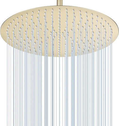 16 inch Brushed Gold Round Rain Shower Head, All Metal Stainless Steel 304, Ultra Thin Design, Full Body Rainfall Shower with 230 Silicone Nozzles