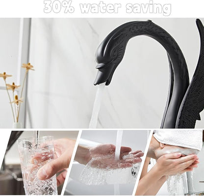 Golden Black Ornate Swan Style Bathroom Sink Faucet Combo Deck Mount Sink Mixer Tap Set Hot Cold Water