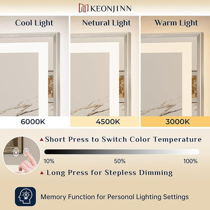 Keonjinn 28x36 Inch Nickel LED Bathroom Mirror with Lights, Beveled Edge | Frontlit & Backlit, Lighted Bathroom Mirror, HD Tempered Glass, 3 Color Temperatures, Anti-fog, Stepless Dimmable