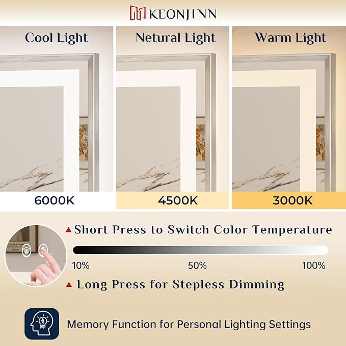 Keonjinn 24x32 Inch Brushed Nickel LED Bathroom Mirror with Lights | Frontlit & Backlit, Lighted Bathroom Mirror, HD Tempered Glass, 3 Color Temperatures, Anti-fog, Stepless Dimmable
