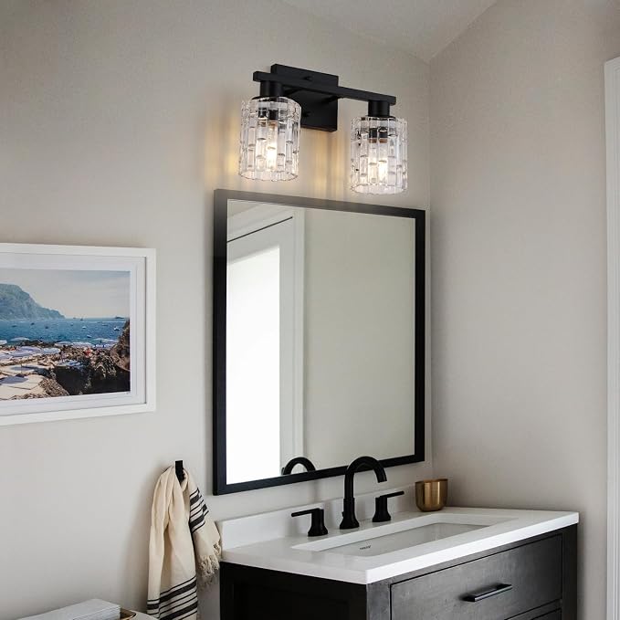 2 Light Matte Black Bathroom Vanity Light Over Mirror, Modern Vanity Lighting with Crystal Glass Shade, Wall Mount Bathroom Light Fixtures, E26 Base