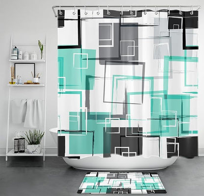 Teal Geometric Shower Curtain Sets with Rugs Mid Century Modern Neutral Geometric Shower Curtains for Bathroom Modern Design Teal and Grey Pattern Abstract Bathroom Decor, 70Lx70W inches