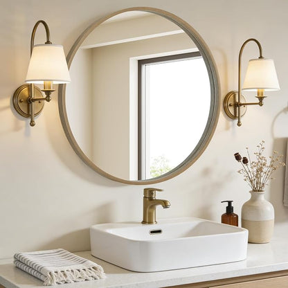 Round Wood Mirror 28" Circle Wall Mirror for Bathroom Round Wall Mirror for Wall Decor, Vanity, Entryway Living Room, Honey