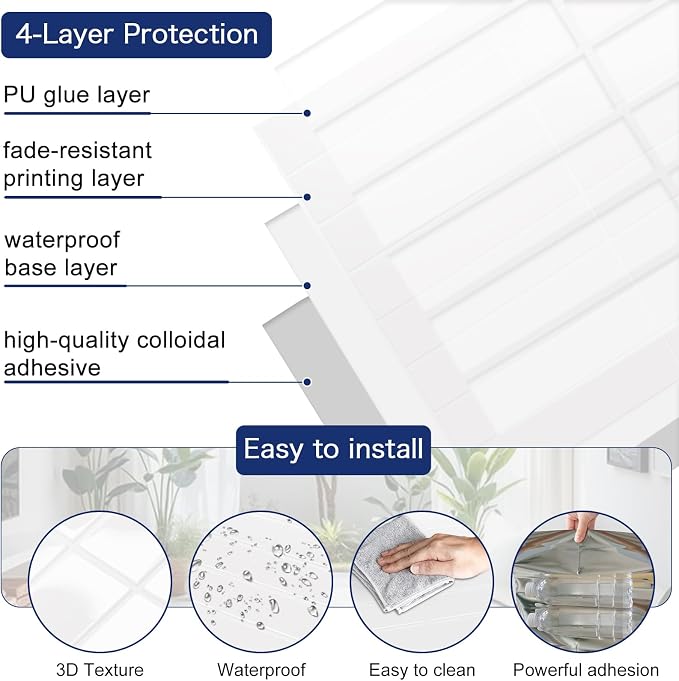 MORCART 20PCS 11.8"x11.8" Peel and Stick Backsplash, Bright White | 3D Adhesive Waterproof Wall Tiles for Kitchen, Bathroom, Living Room, Laundry Room, Subway Tiles