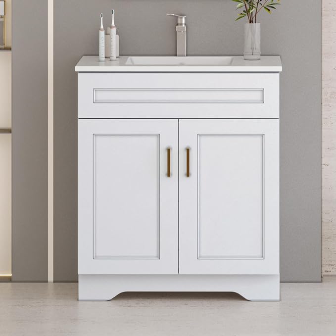 30 Inch Bathroom Vanity, Wooden Double Door Bathroom Storage Cabinet, Freestanding Cabinet Vanity Without Sink (White Without Sink, 30")