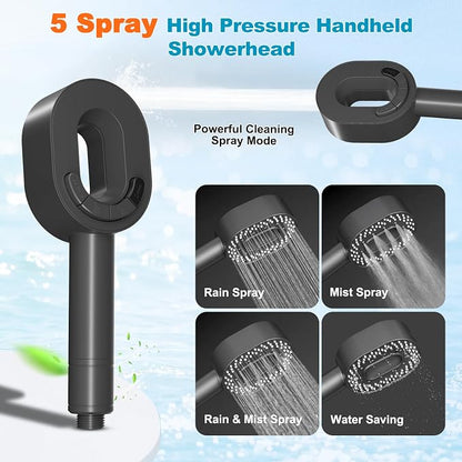 Hibbent Filtered Handheld Showerhead with 3 Filters, 5 Sprays Shower Head | Gray High Pressure Shower Heads, Brass Holder & 71" Metal Hose, Water Soft Filter Remove Chlorine, Reduce Dry Itchy Skin
