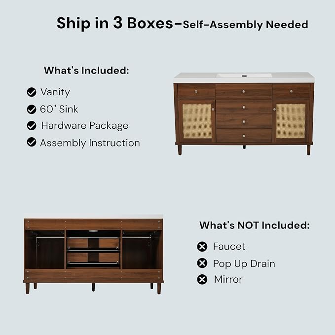 60 in Farmhouse Bathroom Vanity with Single Sink, Solid Wood& MDF Bathroom Sink Cabinet with 5 Drawers & 2 Soft-Closing Door,Freestanding