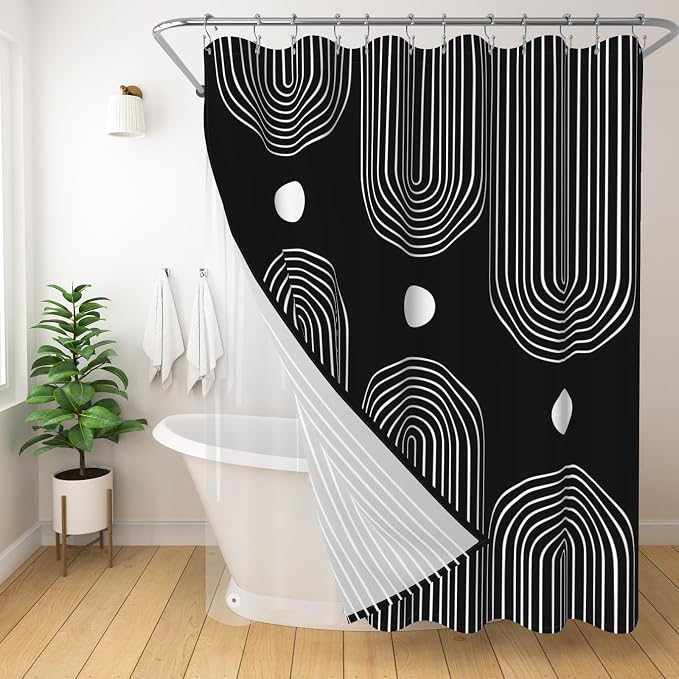 3 in 1 Shower Curtain Set, Boho Mid Century Modern | 72x72 Inches Polyester Bath Curtain with Magnetic PEVA Liner and 12 Double Sided Stainless Steel Hooks, Black and White