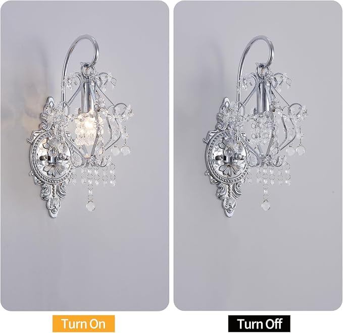Fetason Indoor Hardwired Silver Crystal Vintage Wall Sconces Light Set of 2 | Modern Wall Mounted Lamp Light Fixture for Bedroom Living Room Bathroom Vanity Light Hallway Light Fixture Decor LED E12