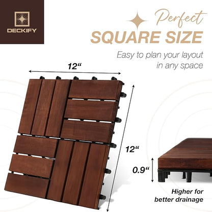 Acacia Wood Interlocking Deck Tiles Outdoor Flooring for Patio, Balcony | Raised Drainage Base, 12x12 In, Trimmable, Oil-Rubbed Finish, No Tools or Sealant Required, Weather-Resistant, Washable