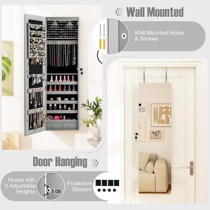COSTWAY Wall Door Mounted Jewelry Armoire with 47.5" Full Length Mirror & 2 LED Lights, Large Storage Capacity, Lockable Mirror Jewelry Cabinet for Women Girls (Gray)