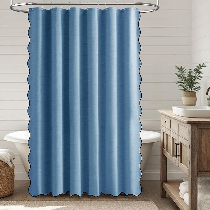 BTTN 80 Inch Shower Curtain, Long Scalloped Boho Linen Textured Heavy Duty Fabric Shower Curtain Set with 12 Hooks, Tall Modern Farmhouse Waterproof Shower Curtains for Bathtub, 72x80, MoonlightBlue