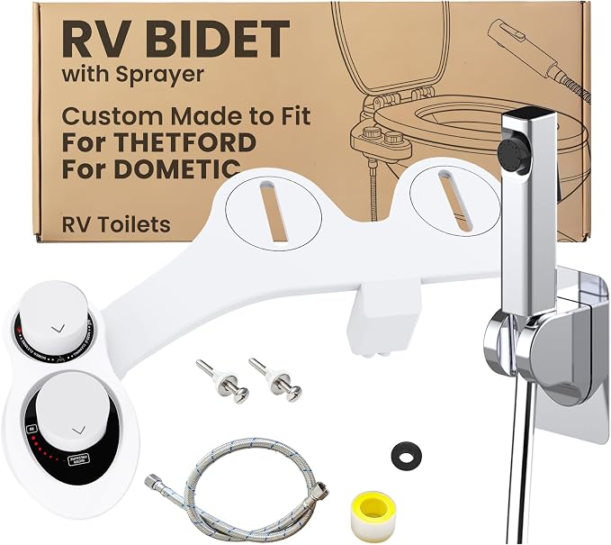 2-in-1 RV Bidet Attachment and Handheld Sprayer Combo for Camper Toilet, Non-Electric Dual Nozzle Toilet Bidet with Metal Spray Wand, Adjustable Pressure