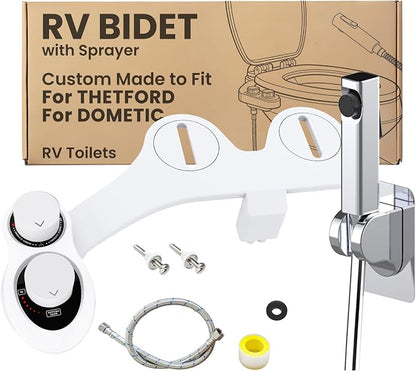 2-in-1 RV Bidet Attachment and Handheld Sprayer Combo for Camper Toilet, Non-Electric Dual Nozzle Toilet Bidet with Metal Spray Wand, Adjustable Pressure