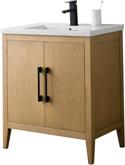 HomeBeyond 30 Inch Bathroom Vanity with Sink & Ceramic Top, Single Vanity Cabinet with Basin, Soft-Closing Doors & Matte Black Hardware, Natural Oak