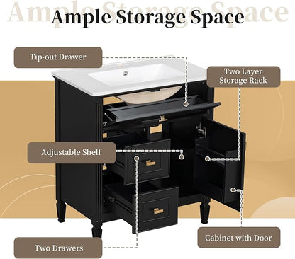 30" Bathroom Vanity with Ceramic Sink, 1 Flip Drawer & 2 Side Drawers, Modern Freestanding Storage Cabinet w/Adjustable Shelf & Golden Metal Handles, Solid Wood Frame, Black