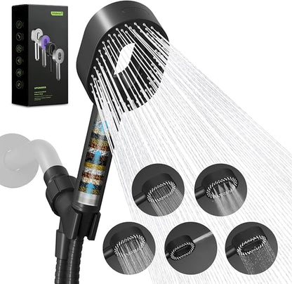 Hibbent Filtered Showerhead with handheld, High Pressure 5 Sprays Shower | Black Shower Head, Brass Holder & 71" Metal Hose, Water Softener for Hard Water-Remove Chlorine, Reduces Dry Itchy Skin