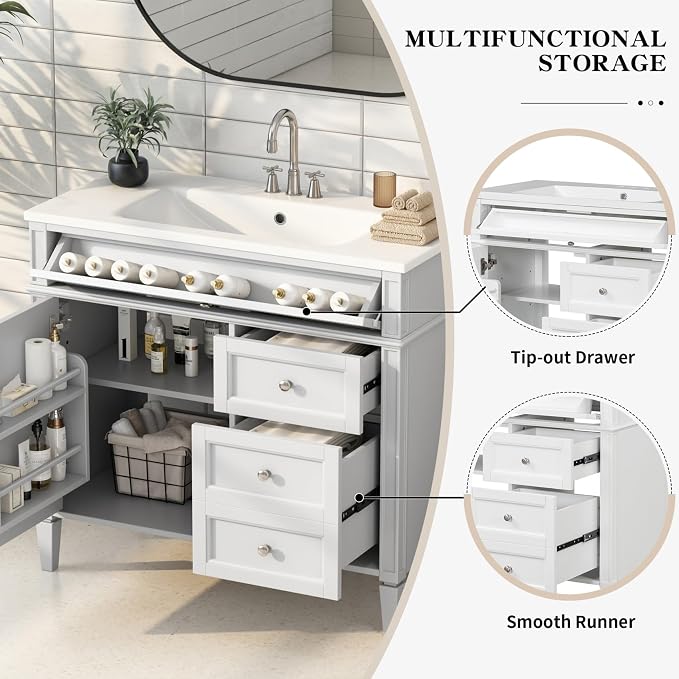 36'' Bathroom Vanity with Top Single Resin Sink Countertop Combo, Solid Wood Frame Modern Organizer Storage Cabinet, Tip-Out Drawer, Soft Closing Doors, Free Standing, White