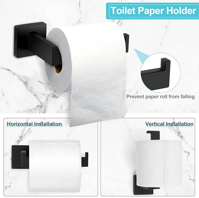 Herogo Matte Black Bathroom Hardware Set 5 Pieces, 16 Inch Bathroom Accessories Bath Towel Bars Set, Including Stainless Steel Toilet Paper Holder, Hand Towel Holder Racks, Hooks & Ring, Wall Mounted