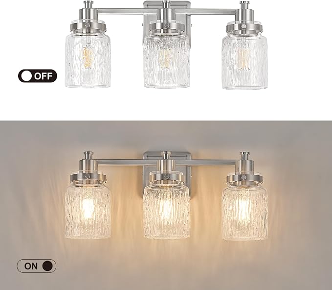 3 Light Bathroom Vanity Light Fixtures Modern Brushed Nickel | ETL Certificate, Easy to Install,Wall Mount Up or Down,Hammered Glass Lampshade,E26 Socket,Hardwired,120V