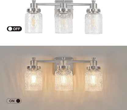 3 Light Bathroom Vanity Light Fixtures Modern Brushed Nickel | ETL Certificate, Easy to Install,Wall Mount Up or Down,Hammered Glass Lampshade,E26 Socket,Hardwired,120V