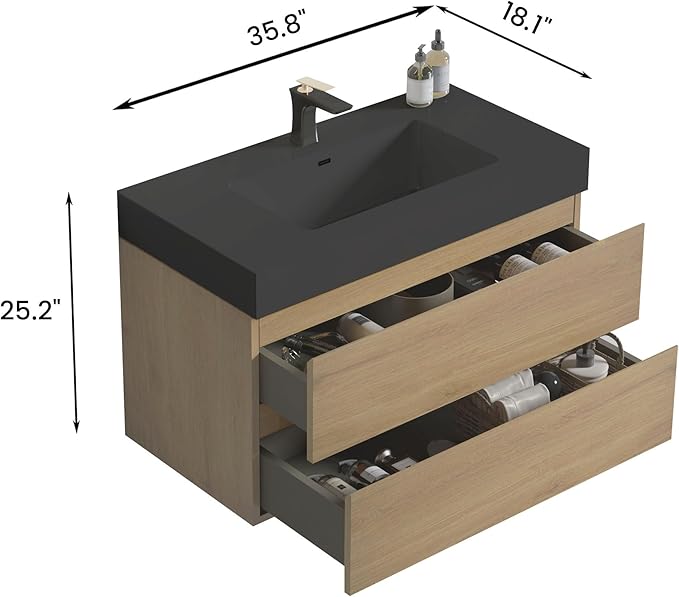 36" Floating Bathroom Vanity with Black Sink, Modern Bathroom Cabinet with Top and Soft Close Drawers, Spacious Storage for Small Space, Natural Oak - Lavanda Collection