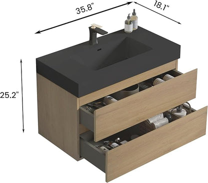 36" Floating Bathroom Vanity with Black Sink, Modern Bathroom Cabinet with Top and Soft Close Drawers, Spacious Storage for Small Space, Natural Oak - Lavanda Collection