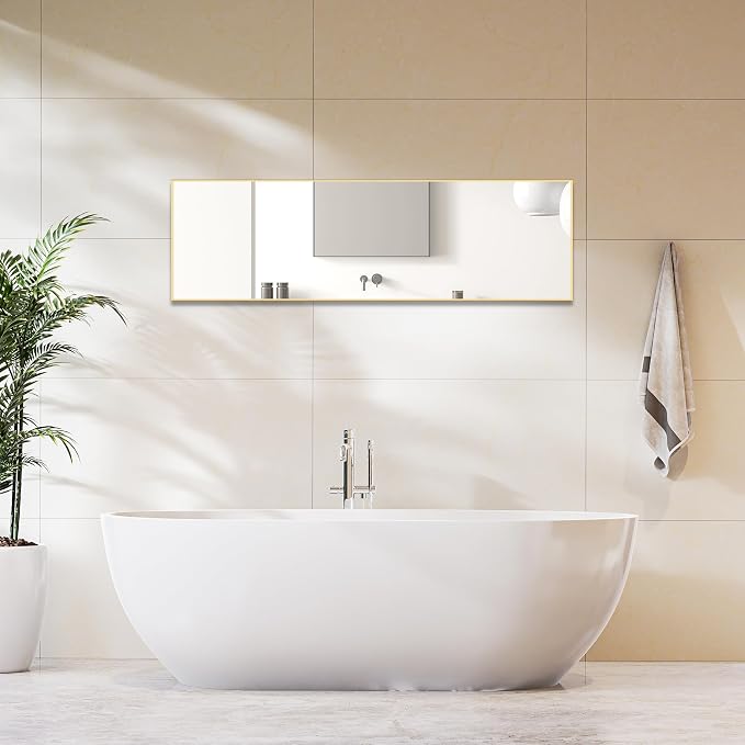 DUMOS Gold Full Length Mirror 59"x16.5" Full Body Floor Mirror for Bedroom or Cloakroom, Can Stand Alone, Hang or Lean Against Wall, Tall Wall Mirrors with Stand and Sleek Aluminum Alloy Thin Frame