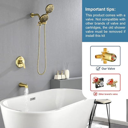Dual Shower Faucet Set with Tub Spout Tub and Shower Faucet Set Complete Dual Shower Head and Handheld Combo Shower System with Tub Spout Tub and Shower Trim Kit Brushed Gold