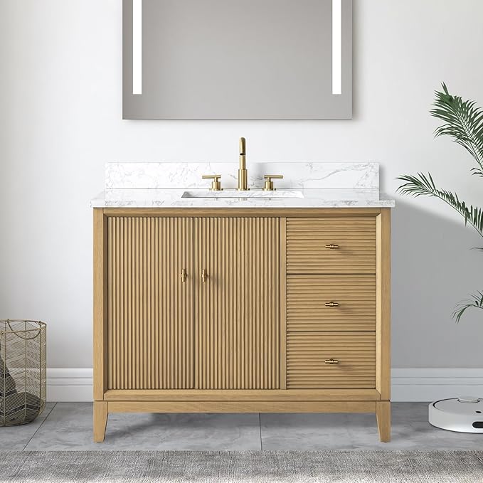 Vanity Art 42" Bathroom Vanity with Single Sink & Arabescato White Engineered Stone Top, Vanity Cabinet with Soft Closing Door, Solid Wood Frame, Golden Brushed Handles, Natural Oak VA8142-NO-GB