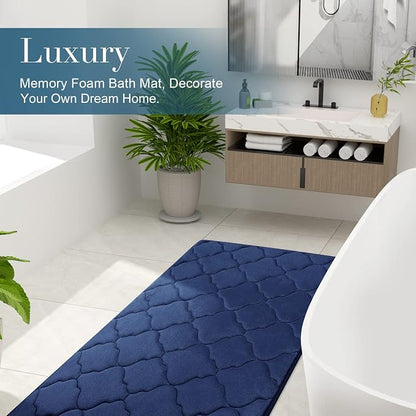 OLANLY Memory Foam Bath Mat Rug 59x20, Ultra Soft and Absorbent Bathroom Rugs, Non-Slip, Comfortable, Machine Washable Bath Carpet for Bathroom Floor, Tub, Shower and Home Decor Accessories, Navy