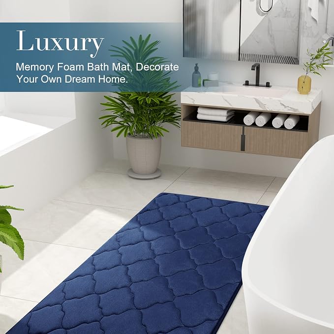 OLANLY Memory Foam Bath Mat Rug 47x32, Ultra Soft and Absorbent Bathroom Rugs, Non-Slip, Comfortable, Machine Washable Bath Carpet for Bathroom Floor, Tub, Shower and Home Decor Accessories, Navy