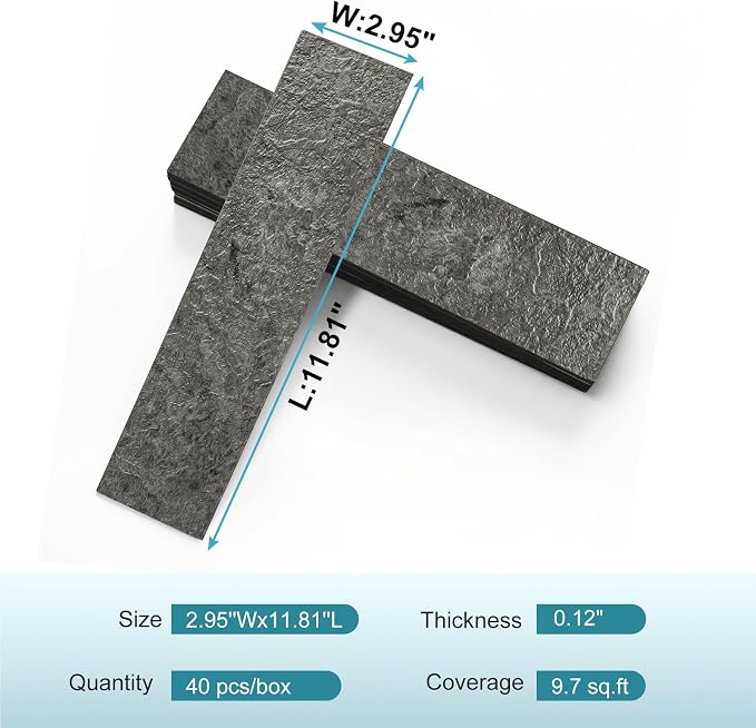 Vamos Tile Peel & Stick Backsplash, Textured 40-Piece 3''x12'' Subway Tile | Dark Gray Slate Seamless Wall Tile,PVC Faux Stone Stick on Subway Tiles for Kitchen,Bathroom,Laundry,Camper,Fireplace