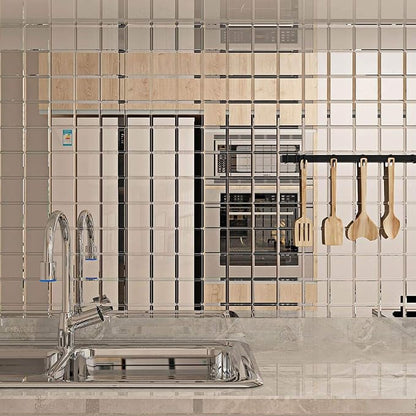 80 Pcs Beveled Mirror Tiles, 3 Inch Silver Square Mirror Glass Tiles for Kitchen Backsplash Bathroom Shower Wall, 5 SQ.FT
