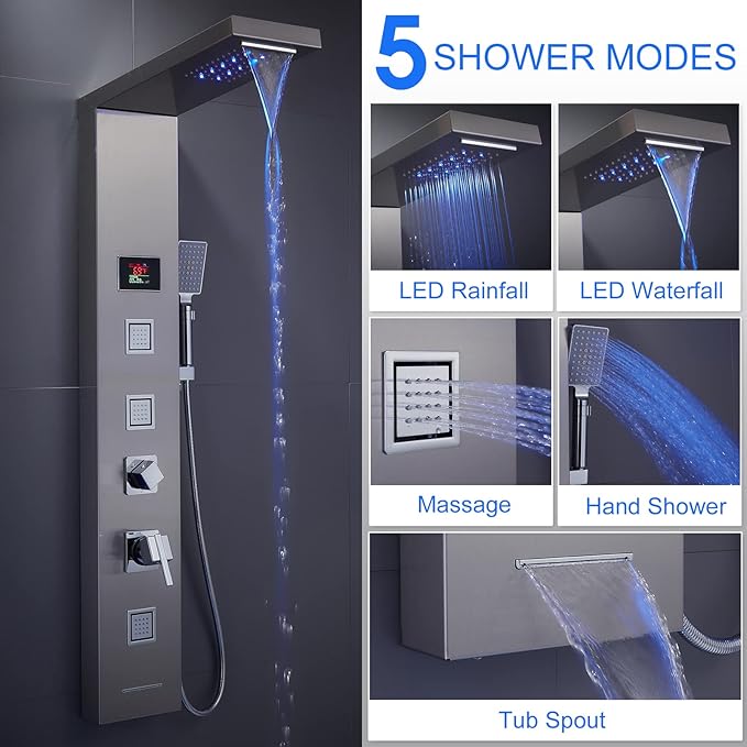 MENATT LED Shower Panel, 5-in-1 Shower Tower System, Rainfall & Waterfall Shower Head, Massage Jets, Tub Spout, Handheld Shower (Brushed)