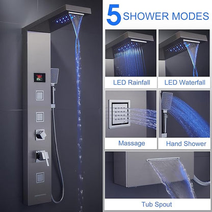 MENATT LED Shower Panel, 5-in-1 Shower Tower System, Rainfall & Waterfall Shower Head, Massage Jets, Tub Spout, Handheld Shower (Brushed)