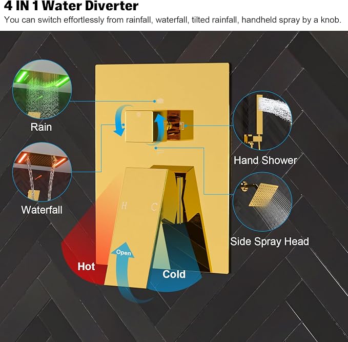 ENGA Bright Gold Shower System with Body Jets, 2 In 1 Functions Ceiling Mount 14x20inch LED Shower Head with 4 Body Jets, Rainfall Waterfall Shower Faucet Set