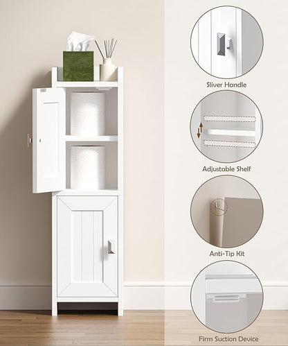 Small Bathroom Cabinet with 2 Doors, 7.9''D x 7.9''W Narrow Toilet Paper Storage Cabinet, Bathroom Organizer for Small Spaces, Slim Corner Unit with Adjustable Shelf, White