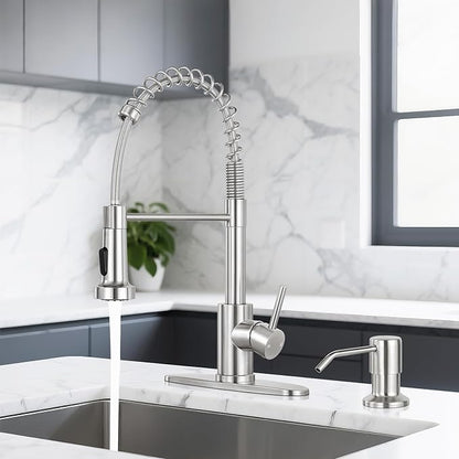 DJS Kitchen Faucets with Soap Dispenser - Dual Mode Setting Single Handle 1 or 3 Holes Commercial Black Kitchen Sink Faucet with Deck Plate for Farmhouse RV Vessel Basin (Brush Nickel)