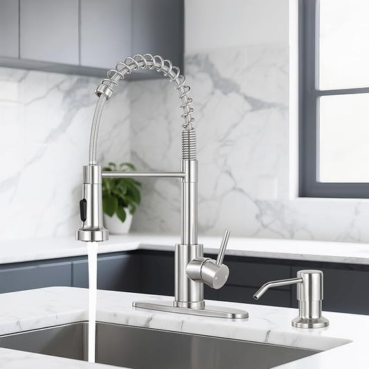 DJS Kitchen Faucets with Soap Dispenser - Dual Mode Setting Single Handle 1 or 3 Holes Commercial Black Kitchen Sink Faucet with Deck Plate for Farmhouse RV Vessel Basin (Brush Nickel)