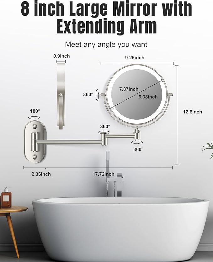 30X/1X 8 Inch Wall Mounted Magnifying Makeup Mirror with Light for Bathroom | Double Sided 3500mAh Rechargeable LED Lighted Vanity Mirror with Magnification 3 Color Light up Extended Arm 360 Rotation