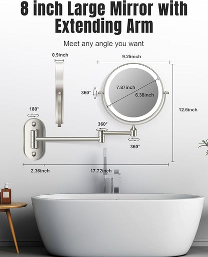 30X/1X 8 Inch Wall Mounted Magnifying Makeup Mirror with Light for Bathroom | Double Sided 3500mAh Rechargeable LED Lighted Vanity Mirror with Magnification 3 Color Light up Extended Arm 360 Rotation