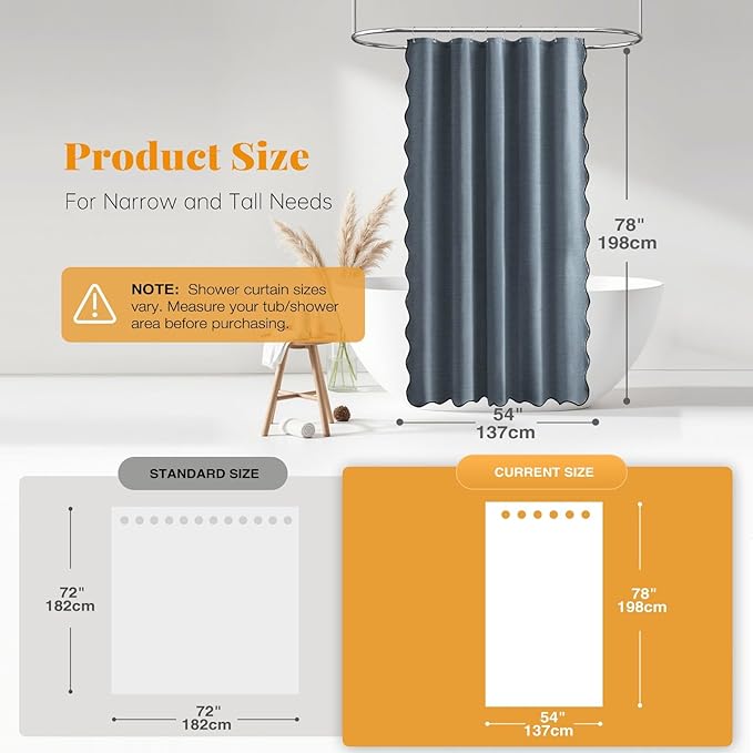 BTTN 54 Inch Stall Shower Curtain, Boho Scalloped Linen Textured Heavy Duty Fabric Shower Curtain Set with 10 Hooks, Narrow Farmhouse Rustic Waterproof Shower Curtains for Bathroom, 54x78, Blue Grey