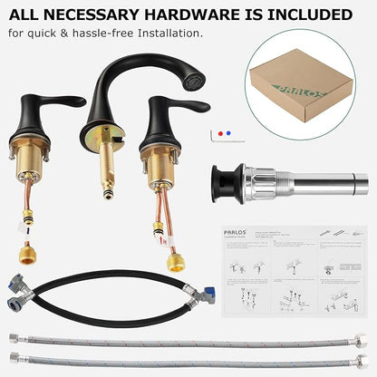 Bathroom Sink Faucet 8 Inch Widespread for Vanity, Oil Rubbed Bronze | Mid Arc Brass Spout, 2 Handle Lead-Free Bathroom Faucet with Metal Pop Up Drain Supply Lines for 3 Hole Lavatory Utility Sink