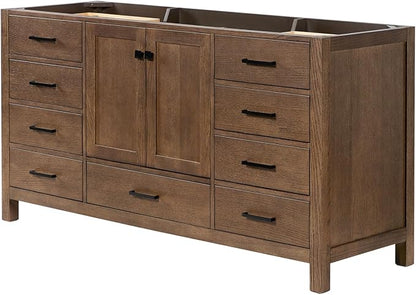 ARIEL Cambridge 66-inch Bathroom Vanity Base Cabinet,Solid Wood, 2 Soft Closing Doors, 9 Dovetail Drawers, Brown Oak