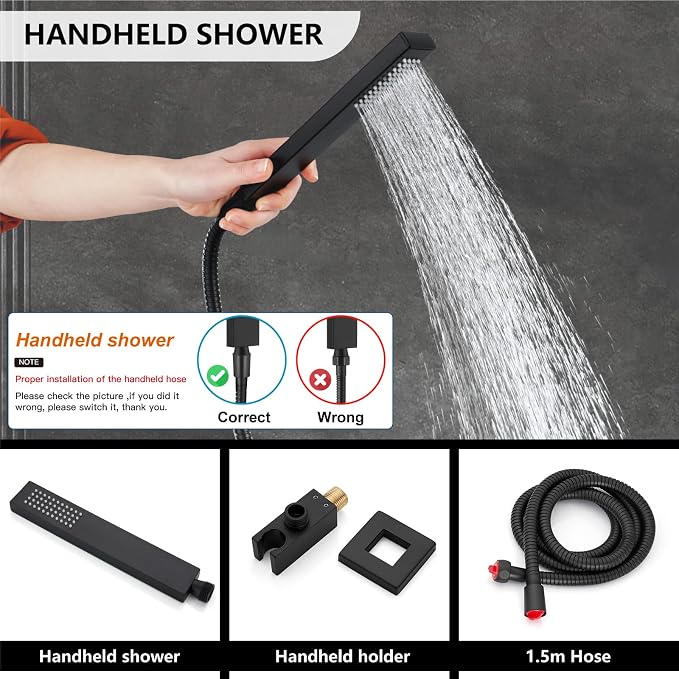 Midanya Shower Faucet Set with Handheld Sprayer,16 Inch,Matte Black | Rough-in Shower Valve and Trim Kit Included,Square Rain Head,Wall Mount Shower System,All Metal,Bathroom