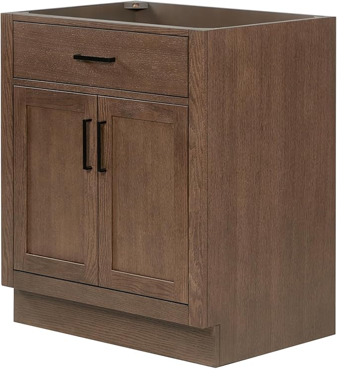 ARIEL Hepburn 30-inch Bathroom Vanity Base Cabinet,Solid Wood, 2 Soft Closing Doors, 1 Dovetail Drawers, Brown Oak