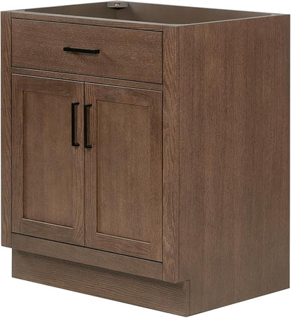 ARIEL Hepburn 30-inch Bathroom Vanity Base Cabinet,Solid Wood, 2 Soft Closing Doors, 1 Dovetail Drawers, Brown Oak